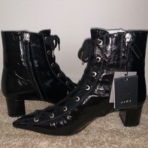 Zara Faux Leather Lace-up Ankle Boots Black 7.5